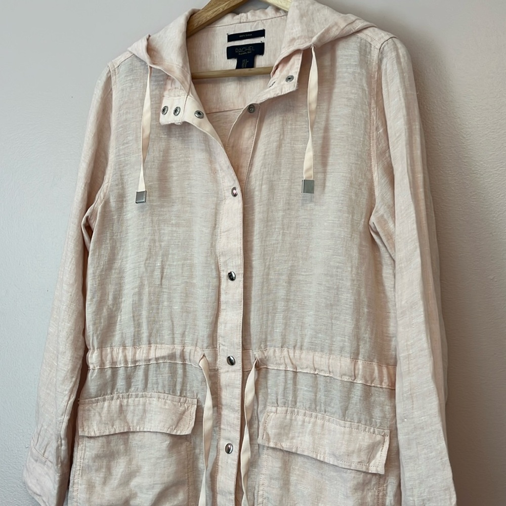 Rachel Roy 100% Linen Hooded Lightweight Jacket Pink Women's Small Snap Pockets - Picture 3 of 8